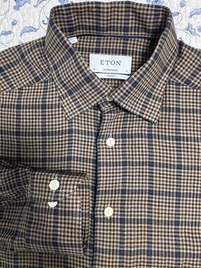 Eton men’s size 15 (38) Merino wool tan with blue plaid casual button down shirt